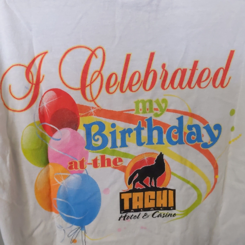 New Gildan White Tee with Colorful Birthday Design from Tachi Casino